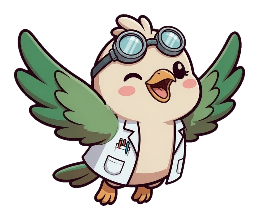 Pip the science bird wearing a lab coat and goggles
