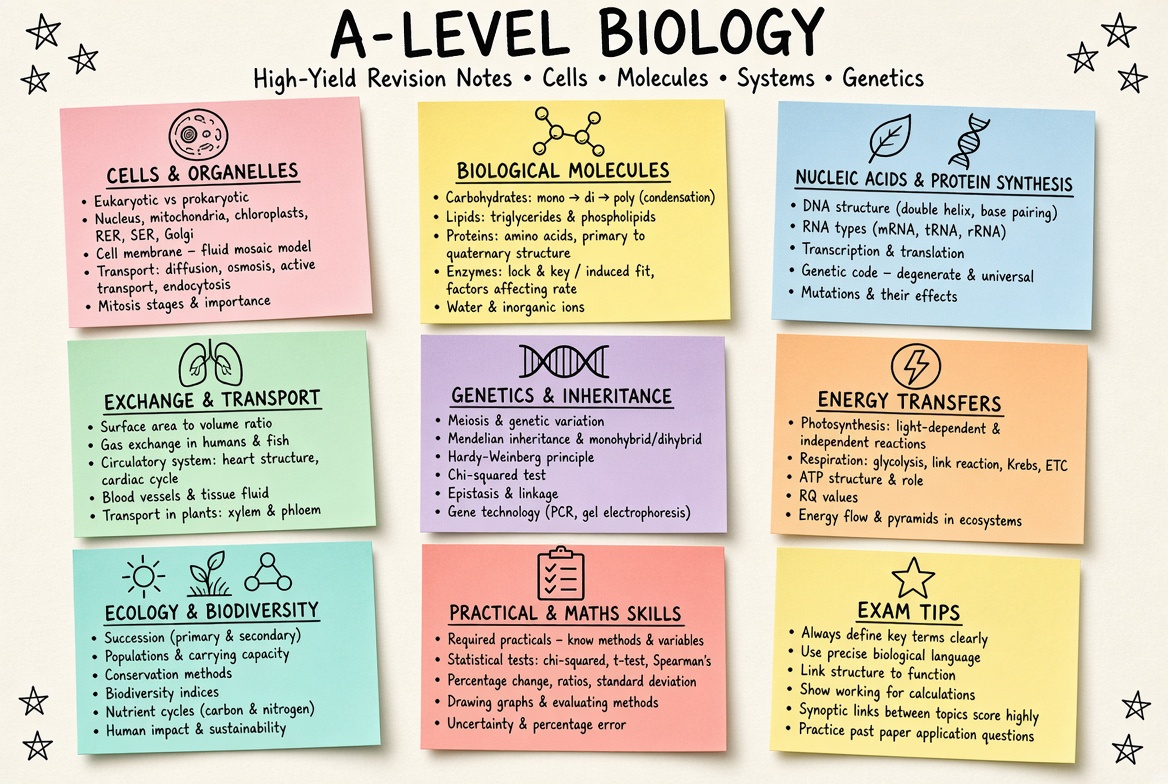 A-level Biology revision board: a one-page summary of the key topics and exam tips