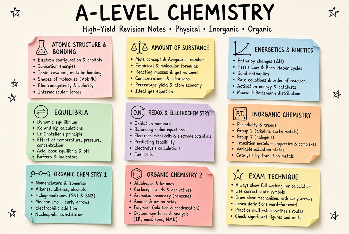 A-level Chemistry revision board: a one-page summary of the key topics and exam tips