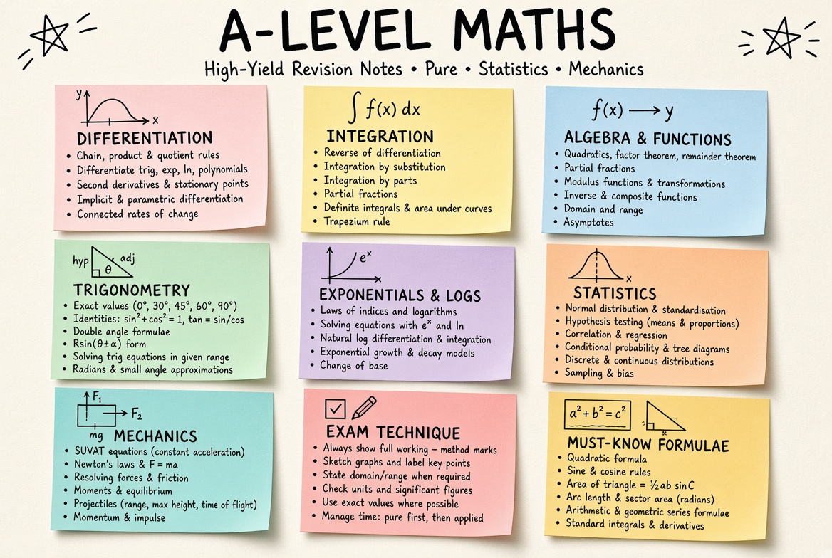 A-level Maths revision board: a one-page summary of the key topics and exam tips