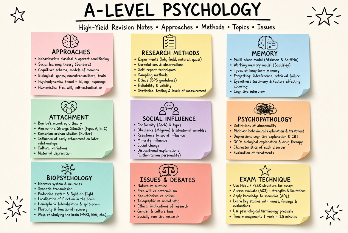 A-level Psychology revision board: a one-page summary of the key topics and exam tips