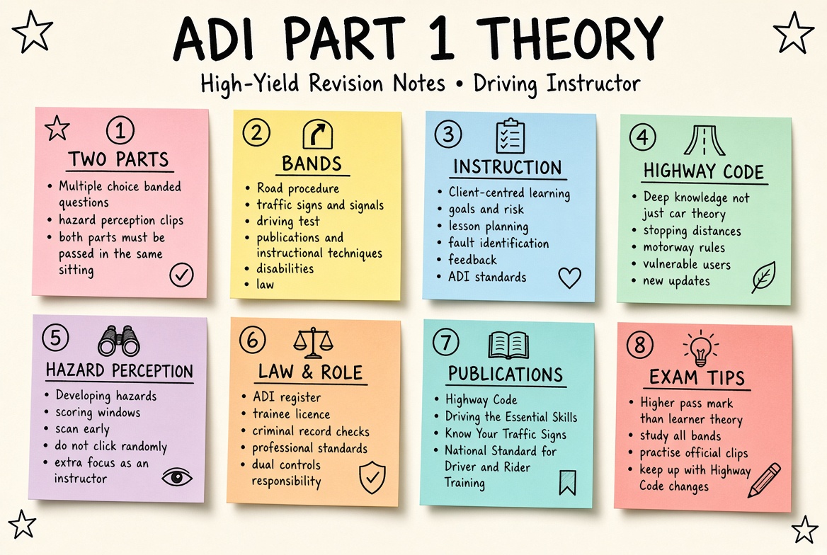 ADI Part 1 Theory Test revision board: a one-page summary of the key topics and exam tips