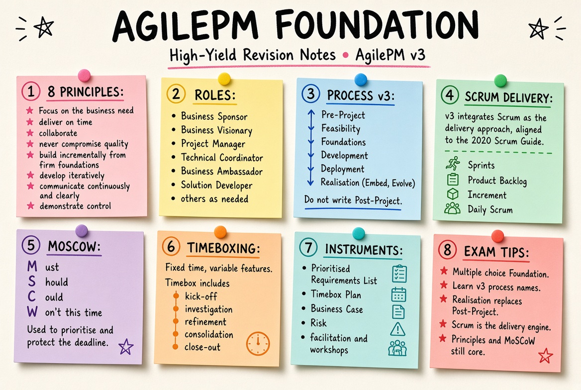 AgilePM Foundation revision board: a one-page summary of the key topics and exam tips