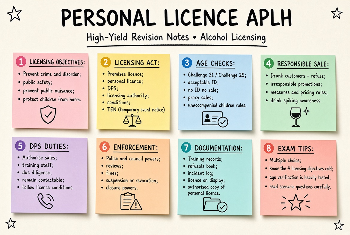 APLH Personal Licence revision board: a one-page summary of the key topics and exam tips