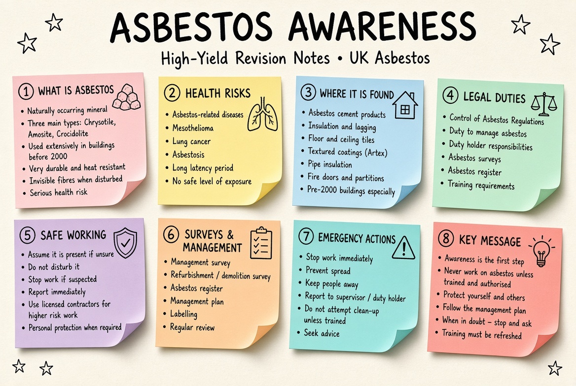 Asbestos Awareness revision board: a one-page summary of the key topics and exam tips