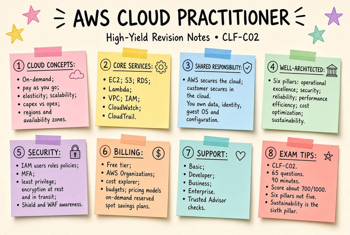 AWS Cloud Practitioner revision board: a one-page summary of the key topics and exam tips