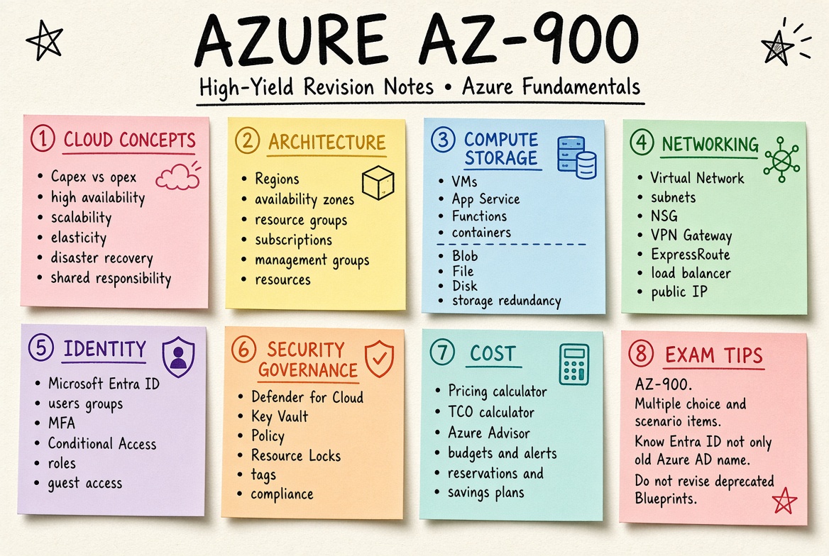 Microsoft Azure Fundamentals (AZ-900) revision board: a one-page summary of the key topics and exam tips