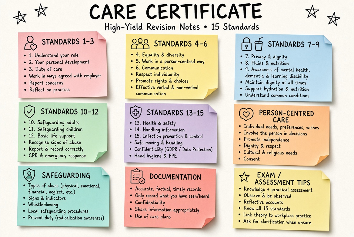 Care Certificate revision board: a one-page summary of the key topics and exam tips