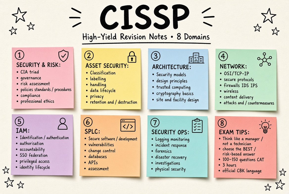 CISSP revision board: a one-page summary of the key topics and exam tips