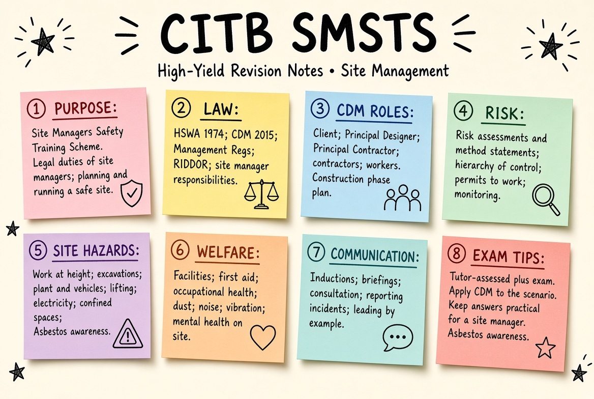 CITB SMSTS revision board: a one-page summary of the key topics and exam tips