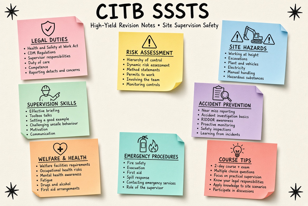 CITB SSSTS revision board: a one-page summary of the key topics and exam tips