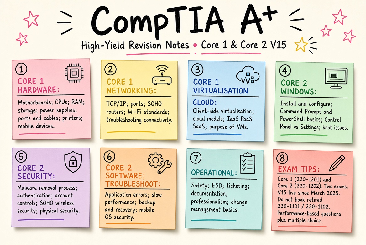 CompTIA A+ revision board: a one-page summary of the key topics and exam tips