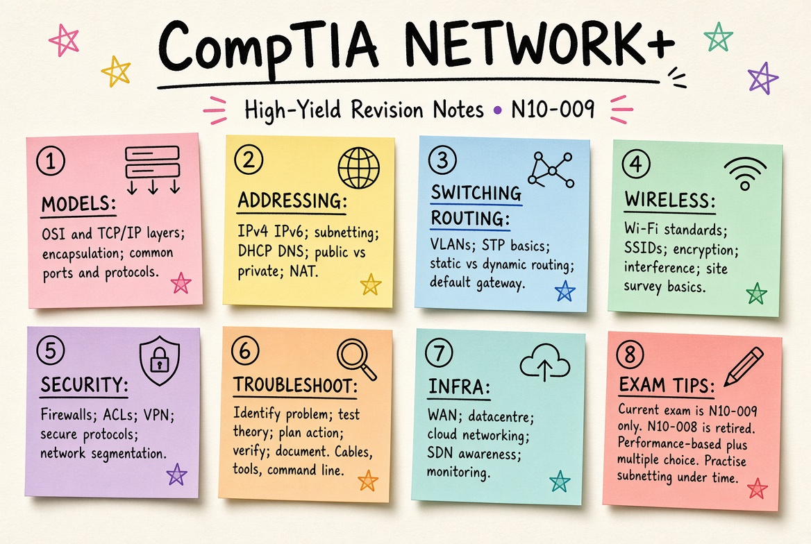 CompTIA Network+ revision board: a one-page summary of the key topics and exam tips
