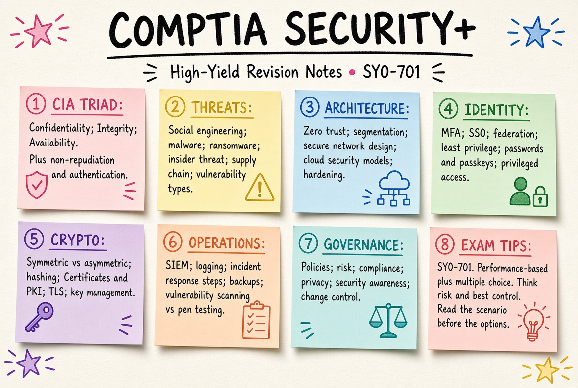 CompTIA Security+ revision board: a one-page summary of the key topics and exam tips