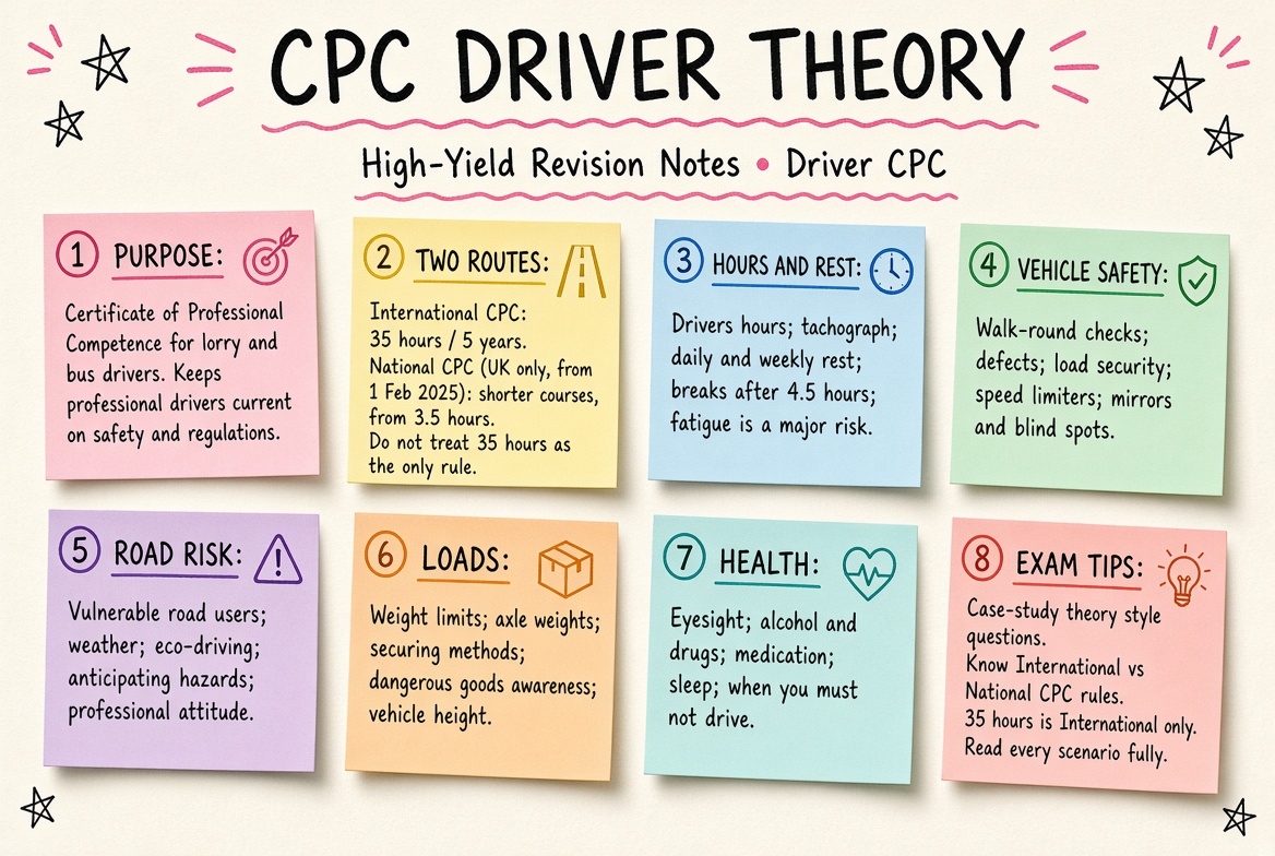 CPC Driver Theory revision board: a one-page summary of the key topics and exam tips