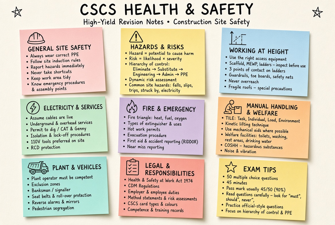 CSCS Health & Safety revision board: a one-page summary of the key topics and exam tips