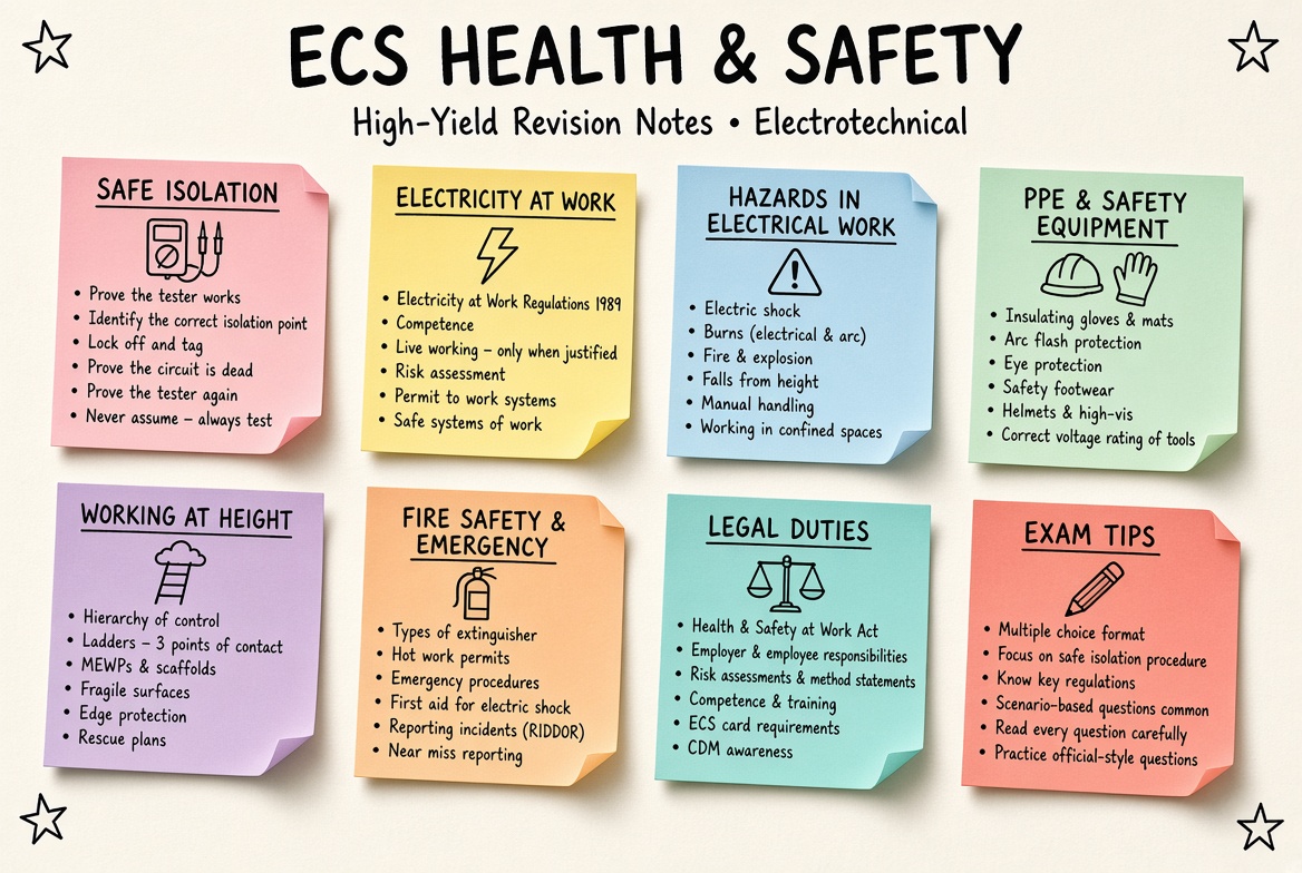 ECS Health & Safety revision board: a one-page summary of the key topics and exam tips