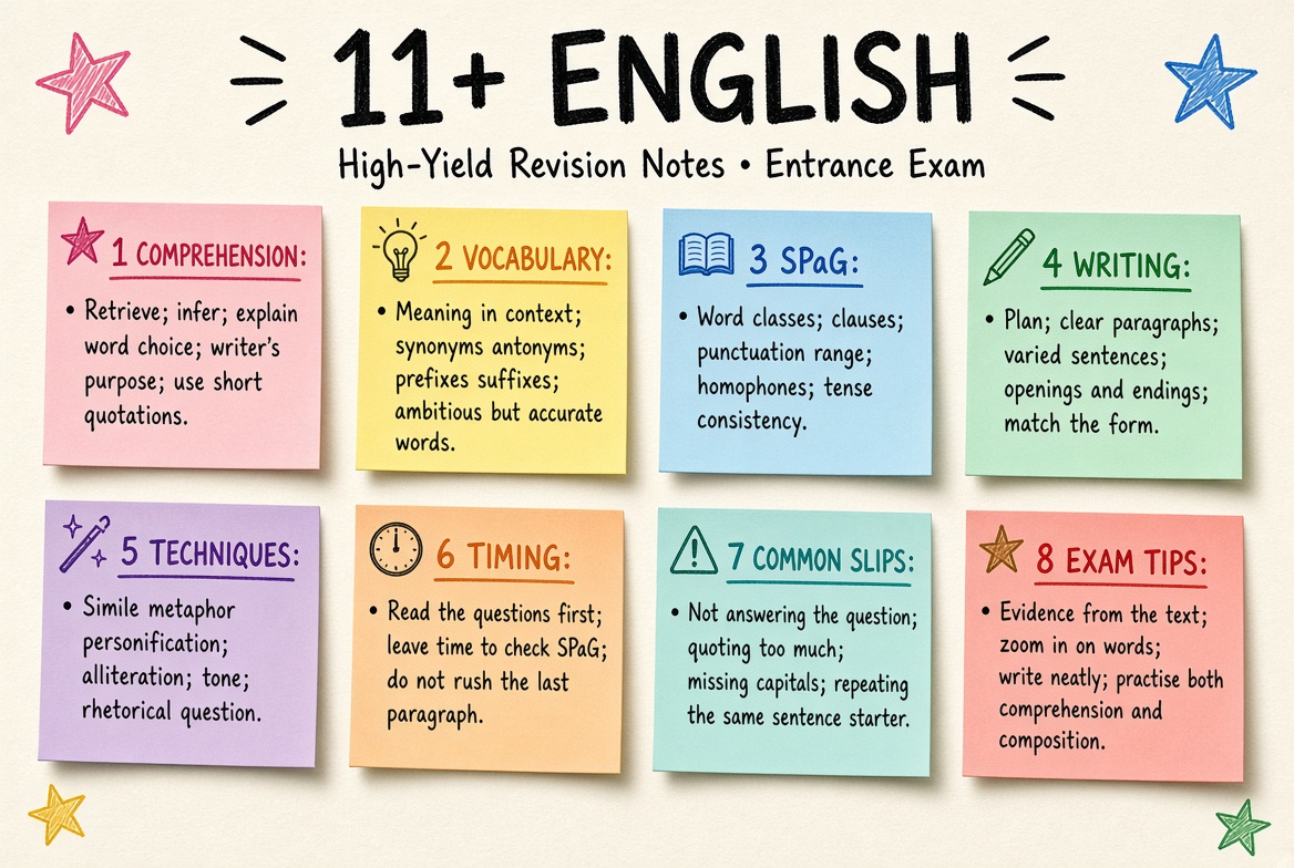 11+ English revision board: a one-page summary of the key topics and exam tips