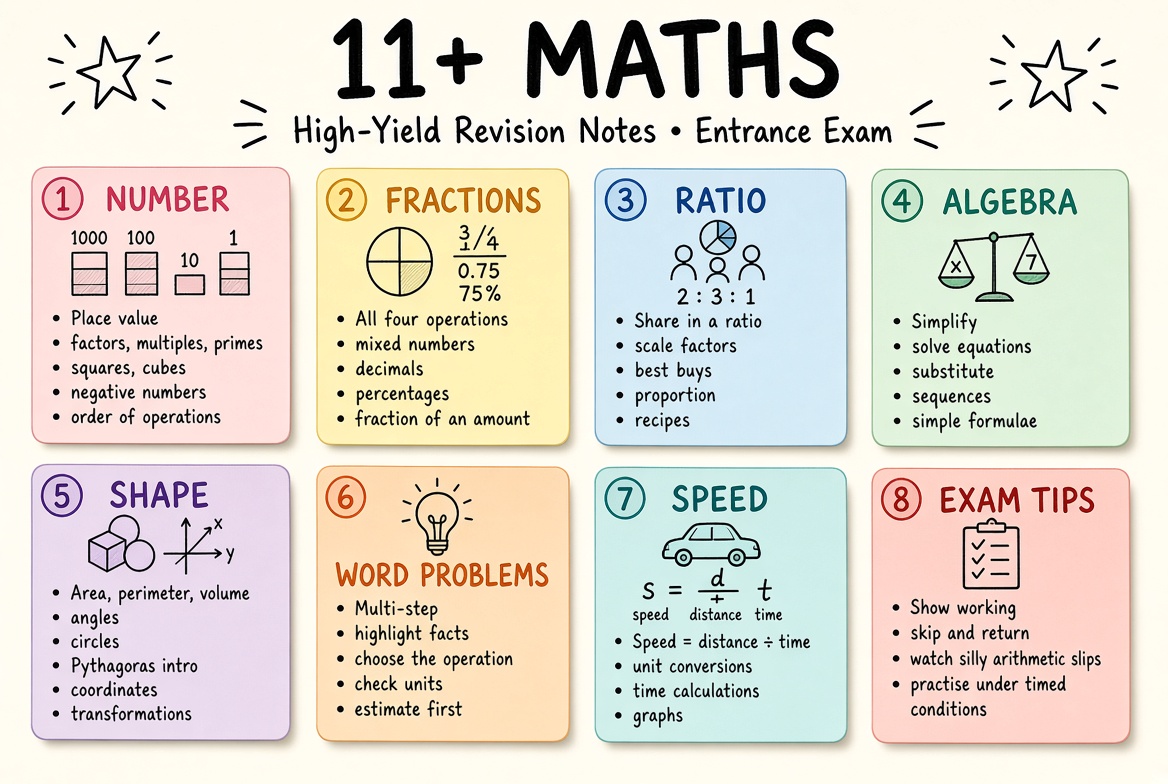11+ Maths revision board: a one-page summary of the key topics and exam tips
