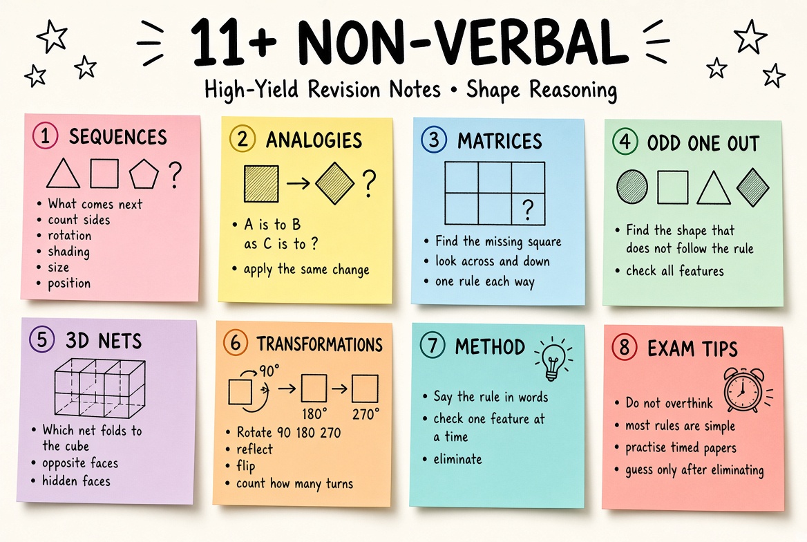 11+ Non-Verbal Reasoning revision board: a one-page summary of the key topics and exam tips