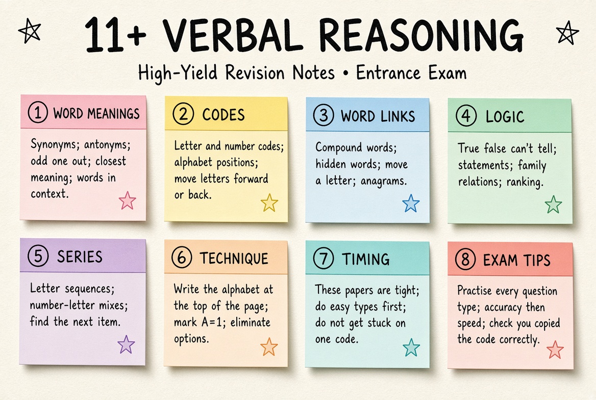 11+ Verbal Reasoning revision board: a one-page summary of the key topics and exam tips