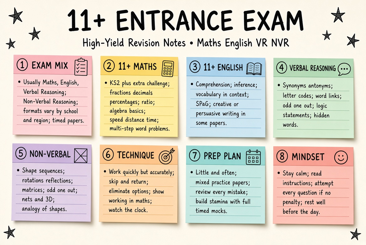 11+ Entrance Exam revision board: a one-page summary of the key topics and exam tips