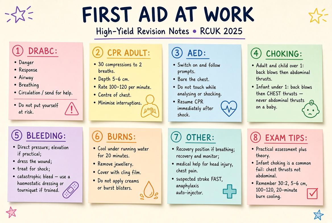 First Aid at Work revision board: a one-page summary of the key topics and exam tips