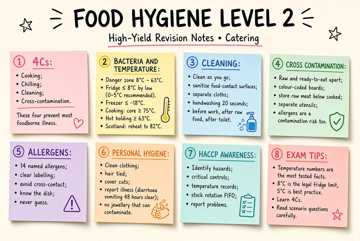 Food Hygiene Level 2 revision board: a one-page summary of the key topics and exam tips