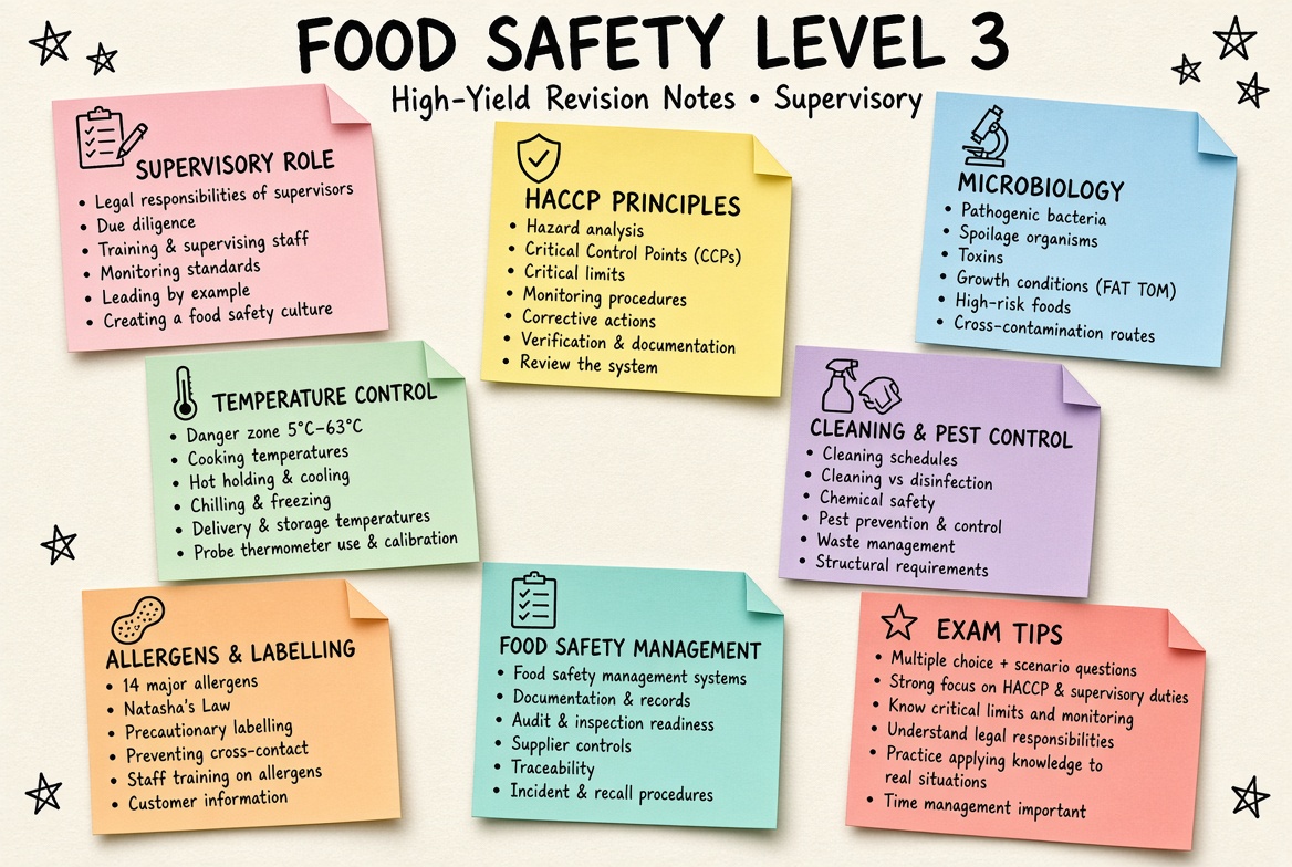 Food Safety Level 3 revision board: a one-page summary of the key topics and exam tips