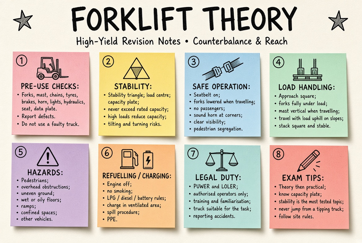 Forklift Theory Test revision board: a one-page summary of the key topics and exam tips