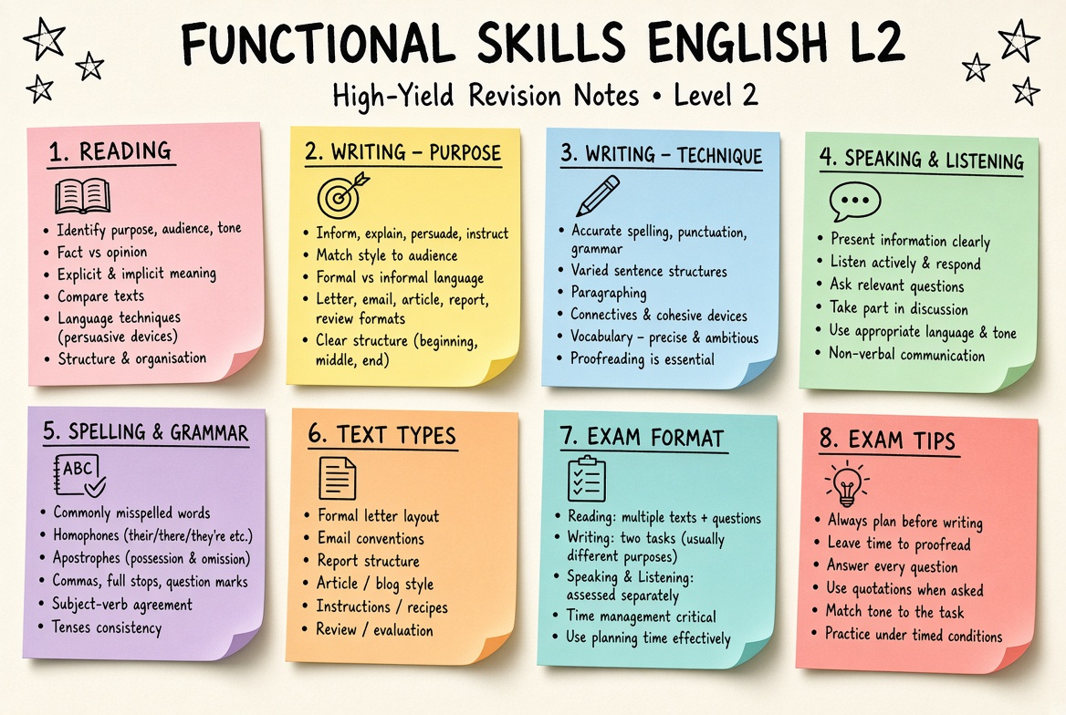 Functional Skills English L2 revision board: a one-page summary of the key topics and exam tips