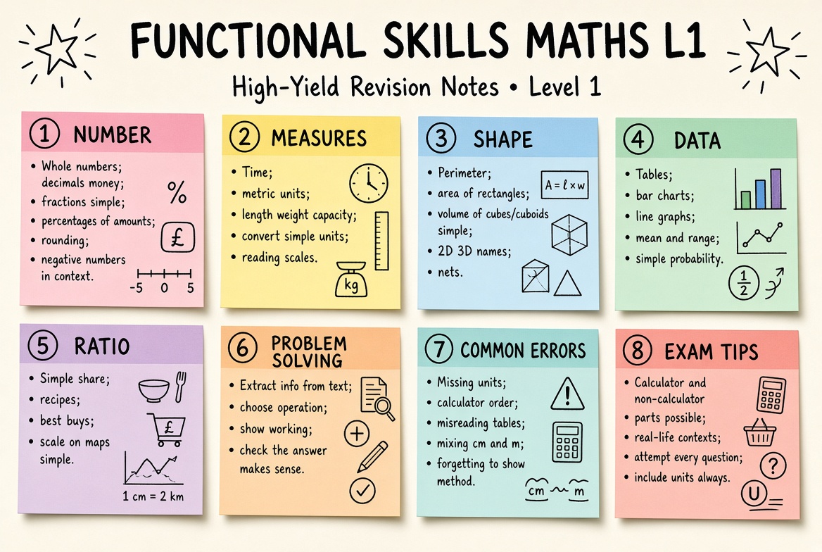 Functional Skills Maths L1 revision board: a one-page summary of the key topics and exam tips