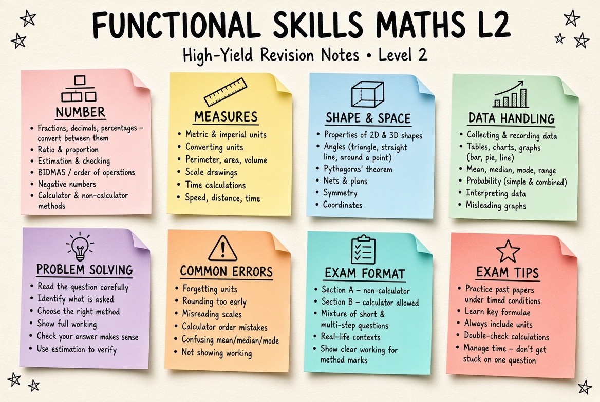 Functional Skills Maths L2 revision board: a one-page summary of the key topics and exam tips