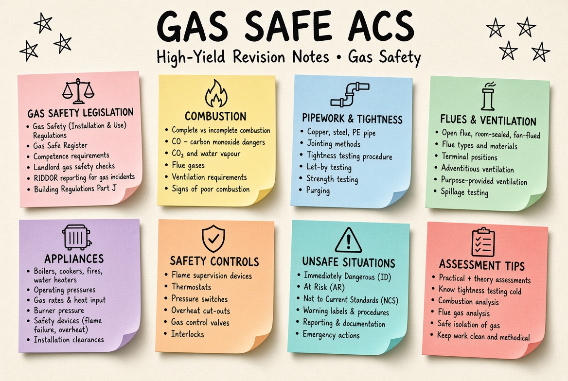 Gas Safe ACS revision board: a one-page summary of the key topics and exam tips