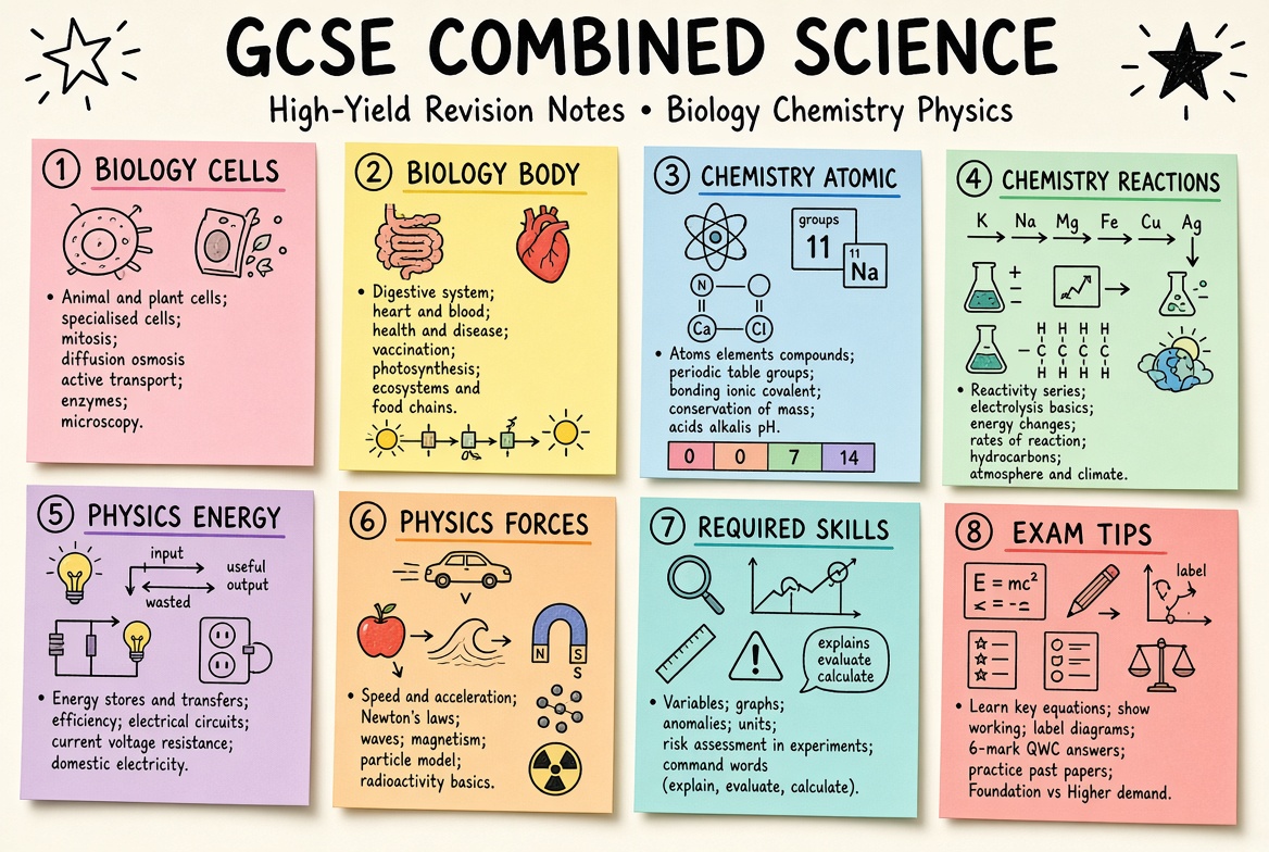 GCSE Combined Science revision board: a one-page summary of the key topics and exam tips