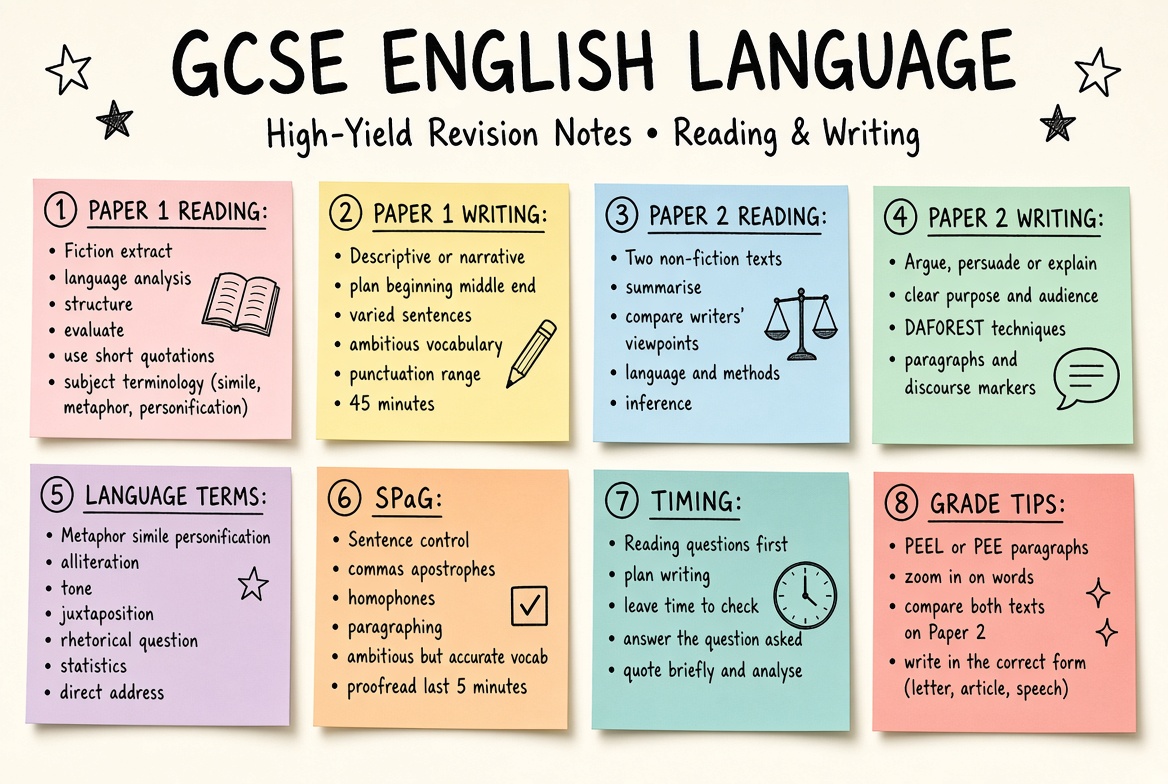 GCSE English Language revision board: a one-page summary of the key topics and exam tips