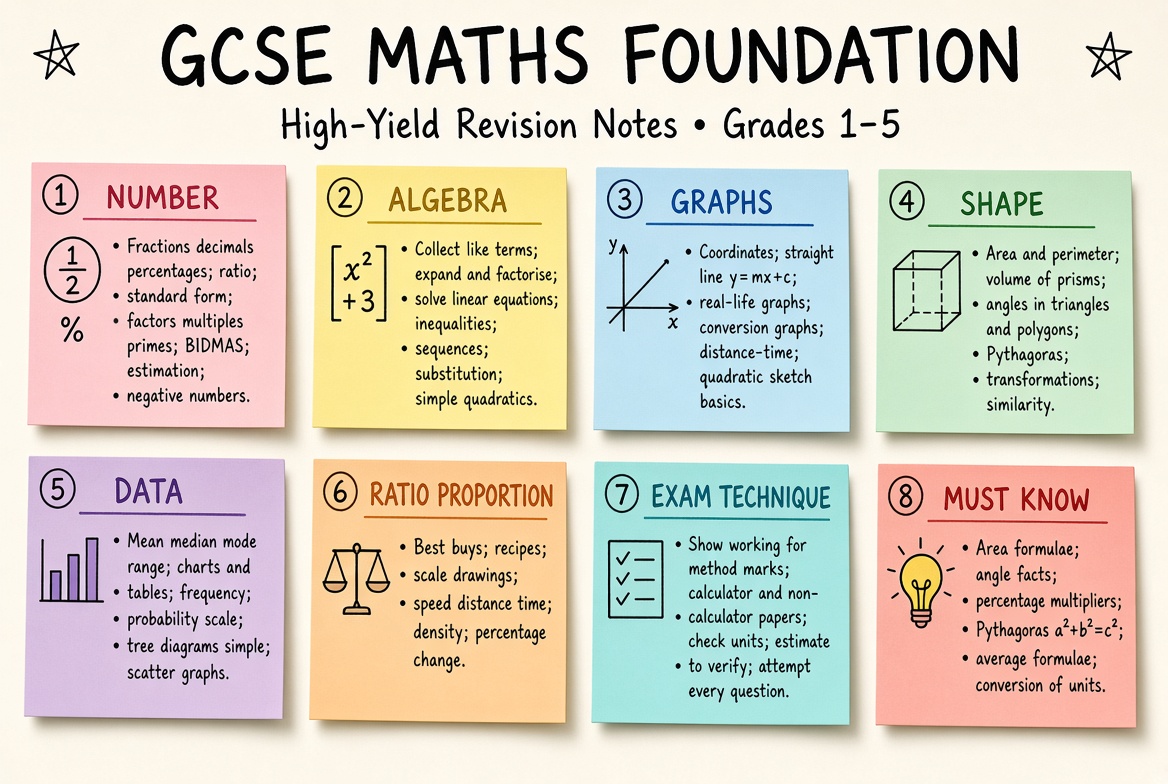 GCSE Maths Foundation revision board: a one-page summary of the key topics and exam tips