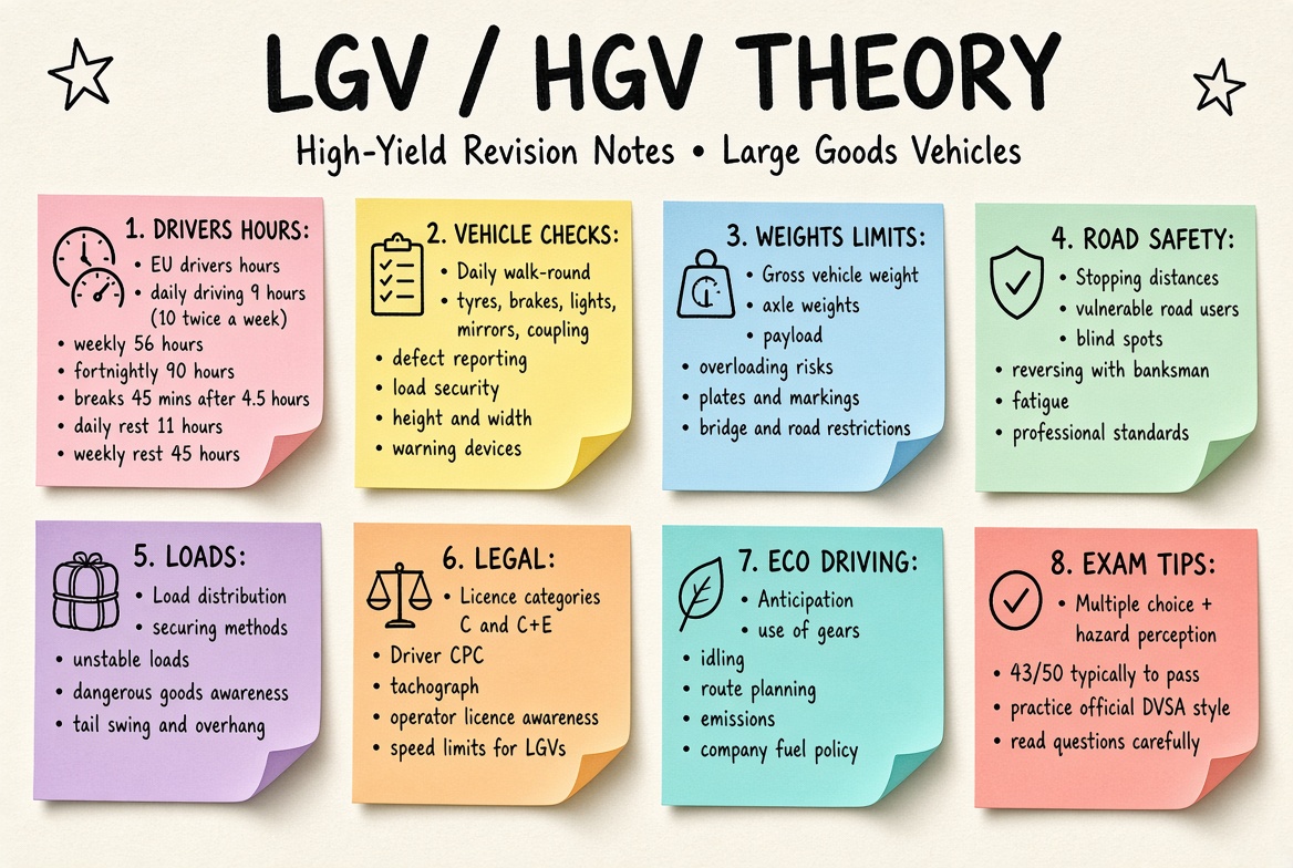 LGV / HGV Theory Test revision board: a one-page summary of the key topics and exam tips
