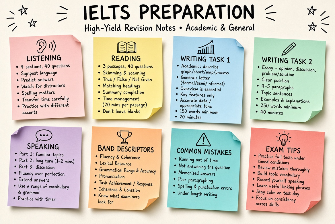 IELTS Preparation revision board: a one-page summary of the key topics and exam tips
