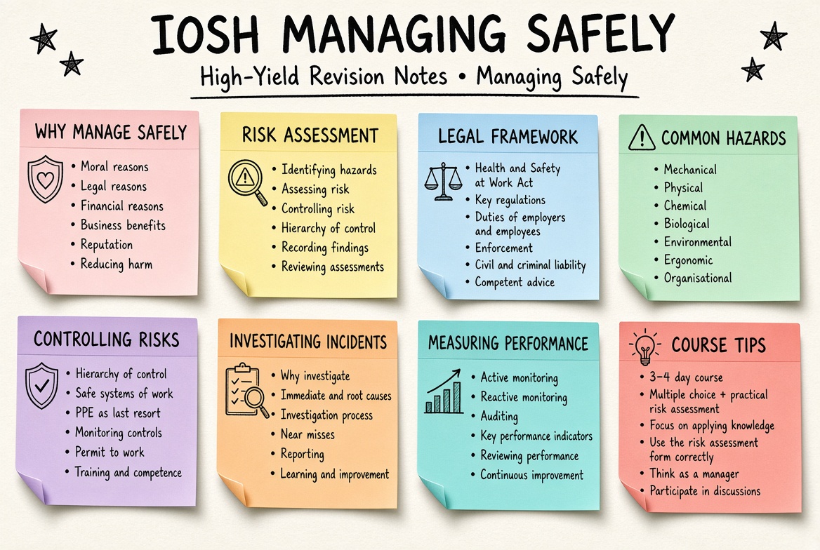 IOSH Managing Safely revision board: a one-page summary of the key topics and exam tips