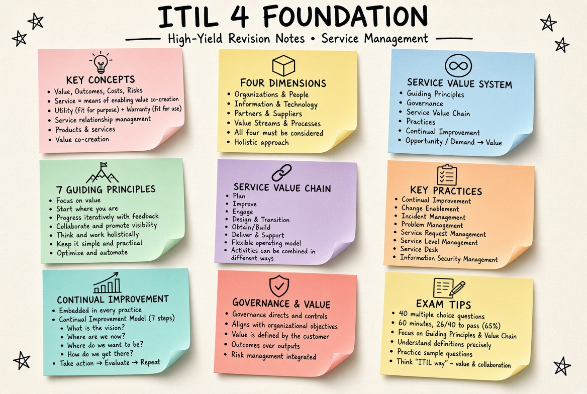 ITIL 4 Foundation revision board: a one-page summary of the key topics and exam tips