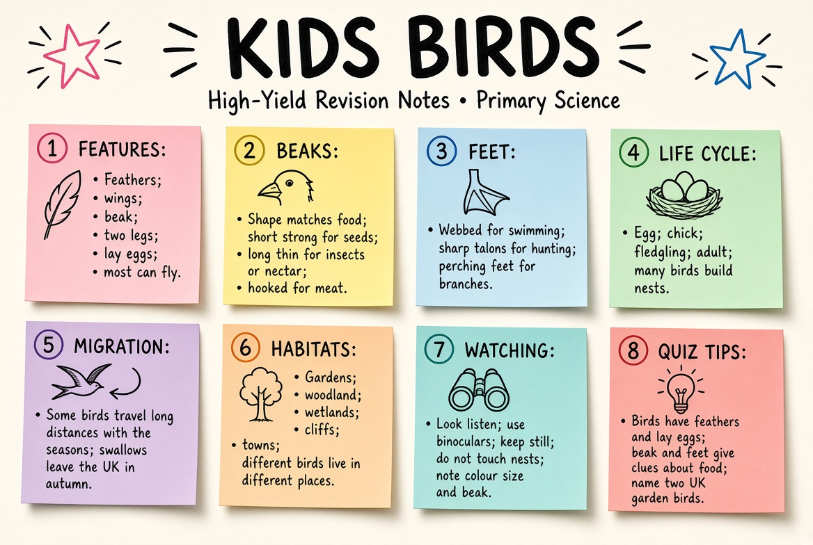 Kids Birds revision board: a one-page summary of the key topics and exam tips