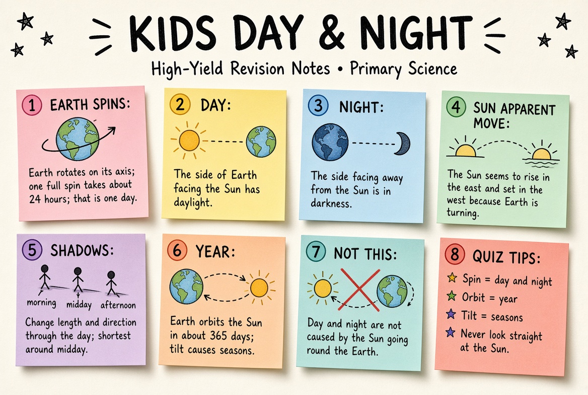 Kids Day & Night revision board: a one-page summary of the key topics and exam tips