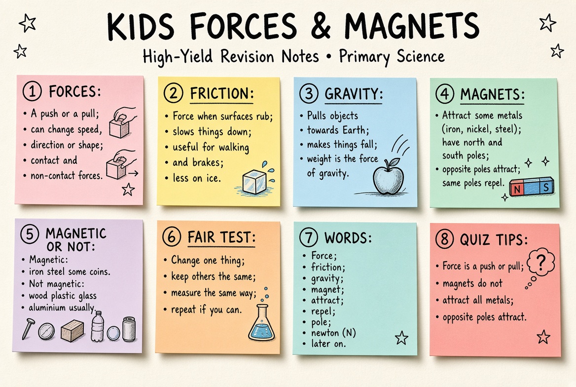 Kids Forces & Magnets revision board: a one-page summary of the key topics and exam tips