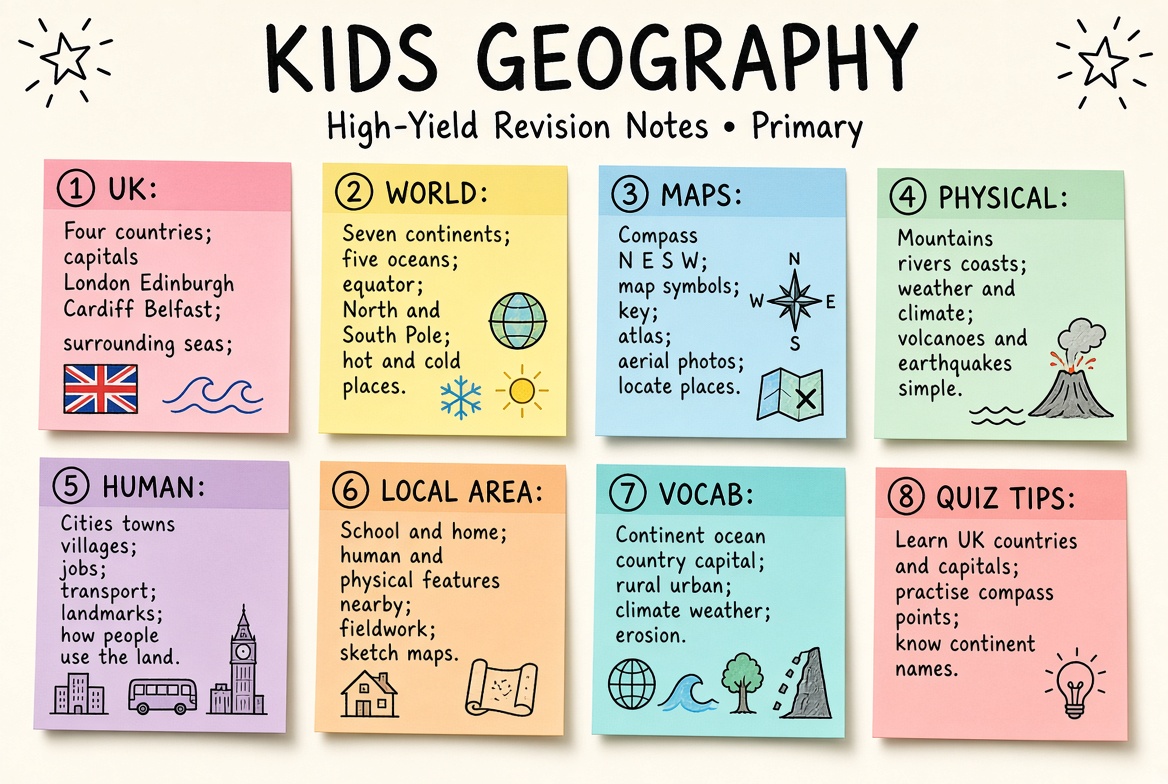 Kids Geography revision board: a one-page summary of the key topics and exam tips