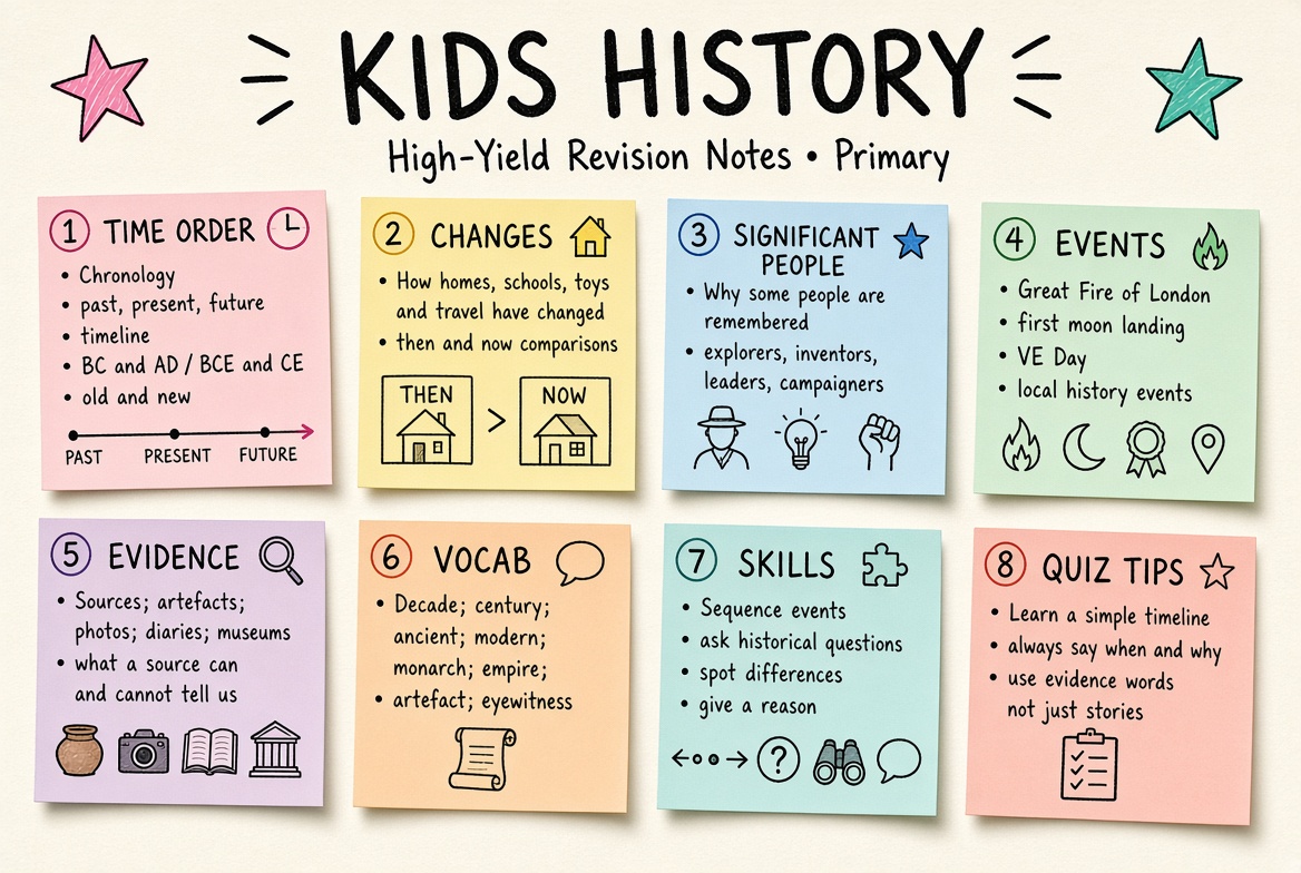Kids History revision board: a one-page summary of the key topics and exam tips