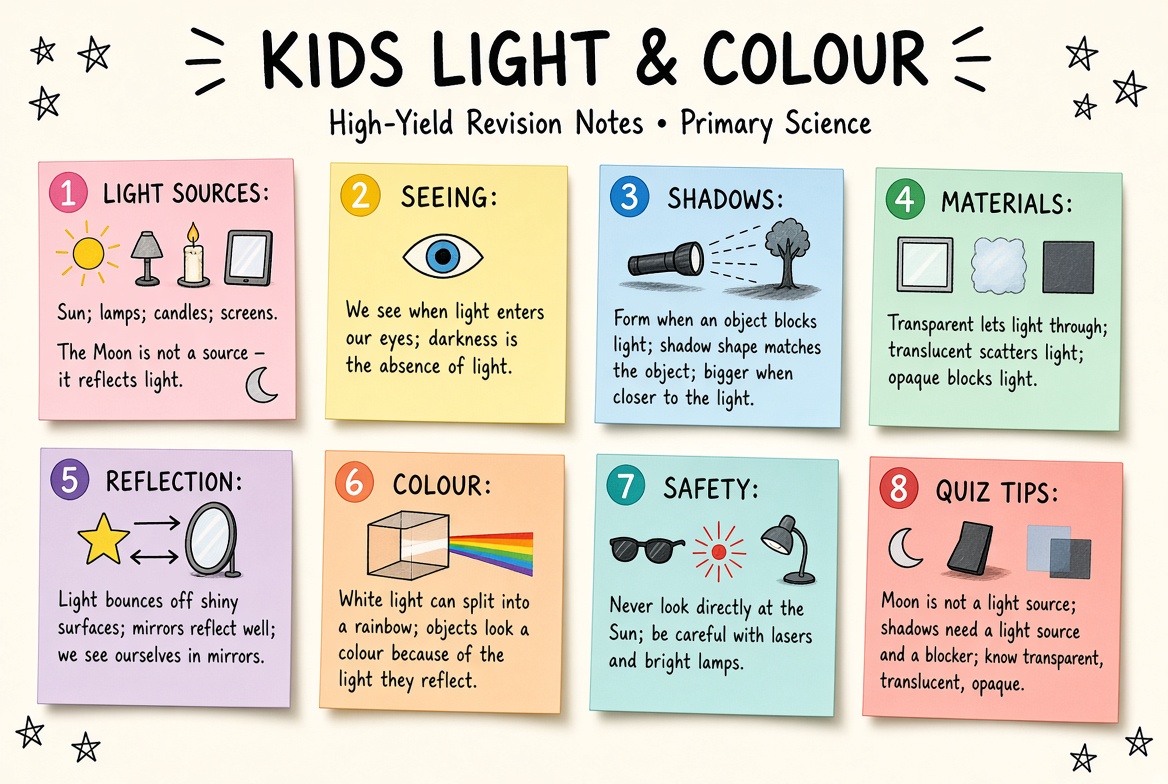 Kids Light & Colour revision board: a one-page summary of the key topics and exam tips