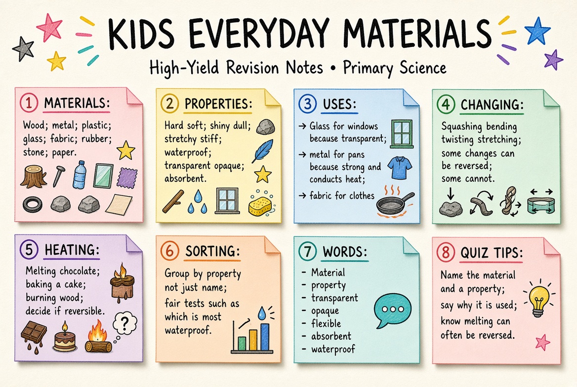Kids Everyday Materials revision board: a one-page summary of the key topics and exam tips