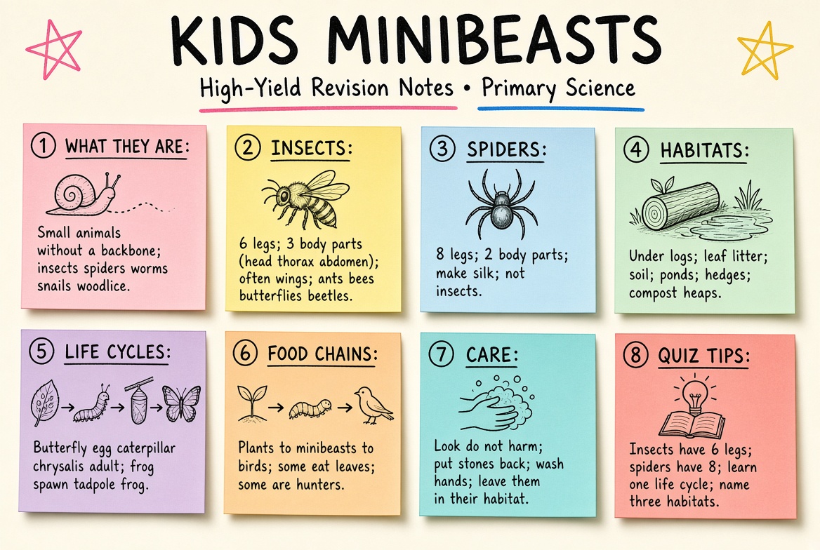 Kids Minibeasts revision board: a one-page summary of the key topics and exam tips