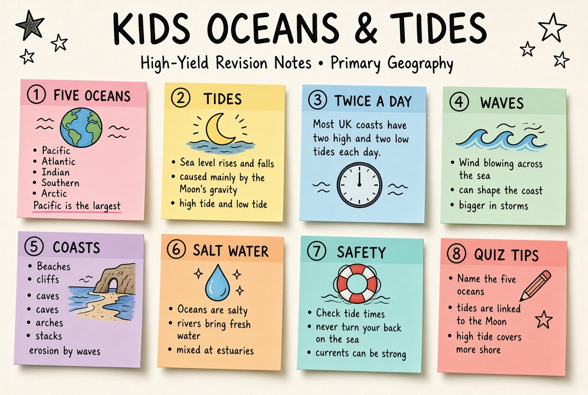 Kids Oceans & Tides revision board: a one-page summary of the key topics and exam tips